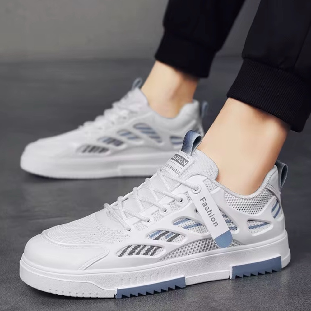White and Blue Mesh Athletic Shoes
